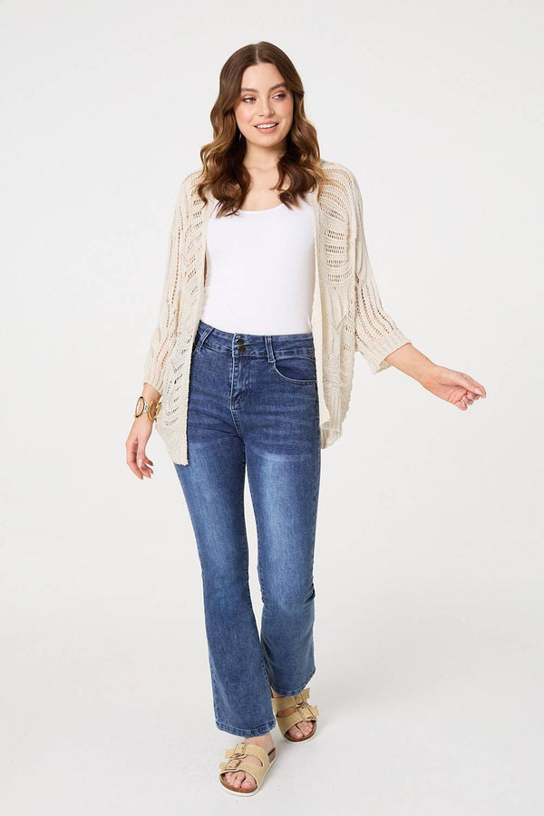 Beige | Sheer Crochet 3/4 Sleeve Open Cardigan