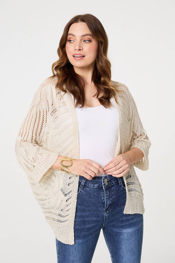Beige | Sheer Crochet 3/4 Sleeve Open Cardigan