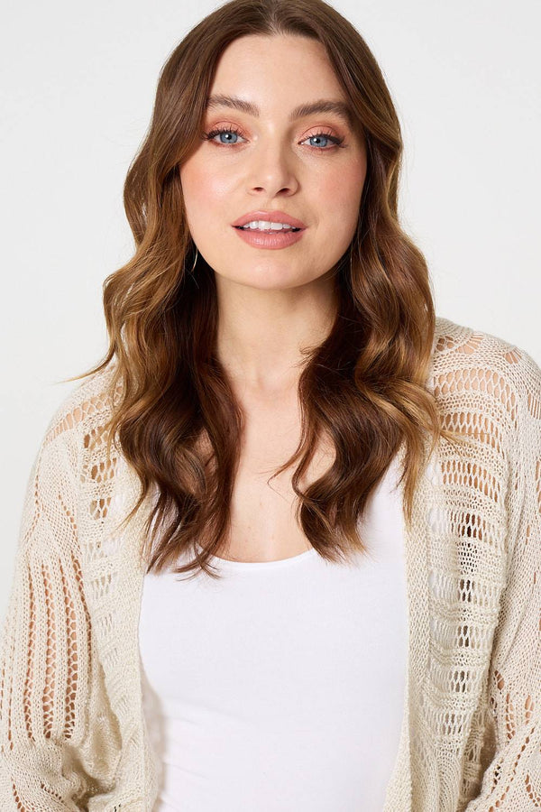 Beige | Sheer Crochet 3/4 Sleeve Open Cardigan
