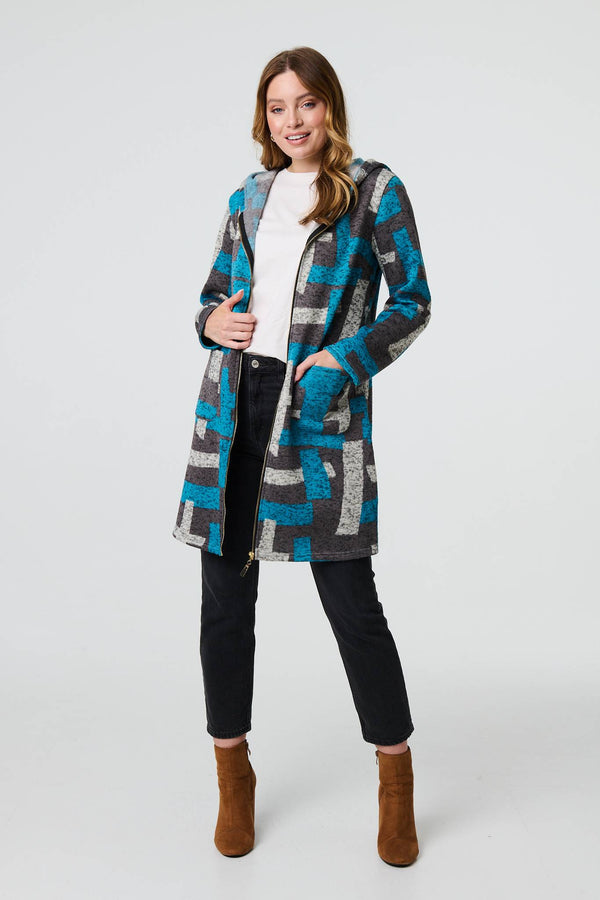 Grey | Geo Print Hooded Longline Zip-Up Jacket