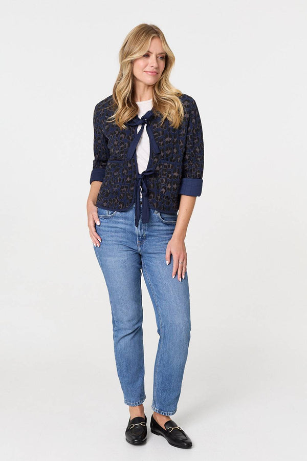Navy | Animal Print 3/4 Sleeve Tie Front Cardigan