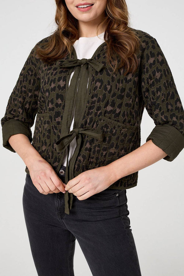 Khaki | Animal Print 3/4 Sleeve Tie Front Cardigan