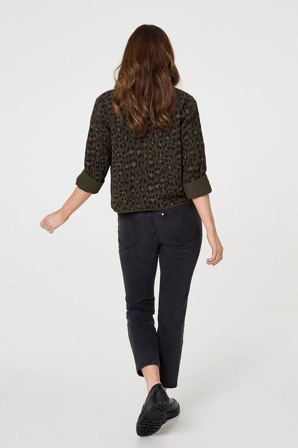 Khaki | Animal Print 3/4 Sleeve Tie Front Cardigan