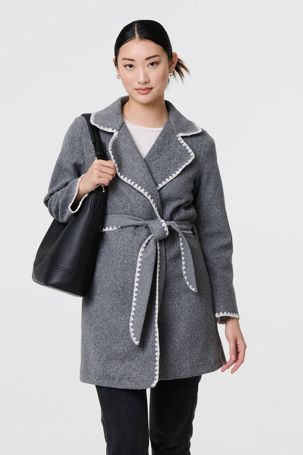 Grey | Blanket Stitch Coat with Belt