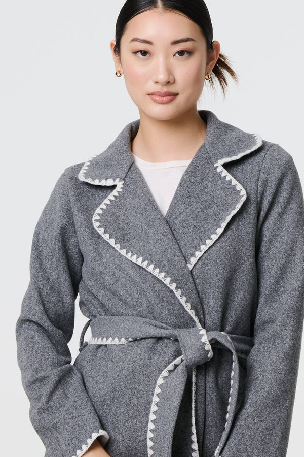 Grey | Blanket Stitch Coat with Belt
