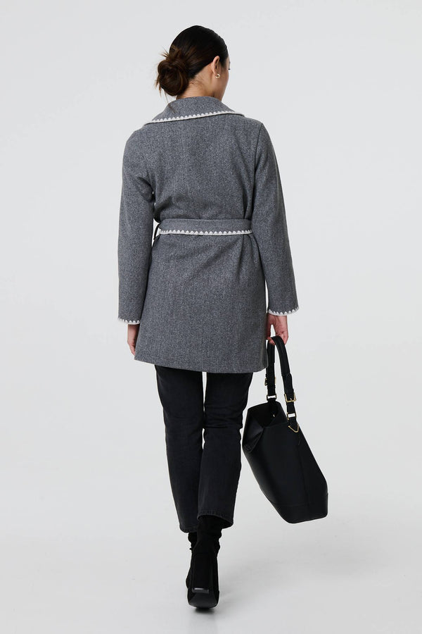 Grey | Blanket Stitch Coat with Belt