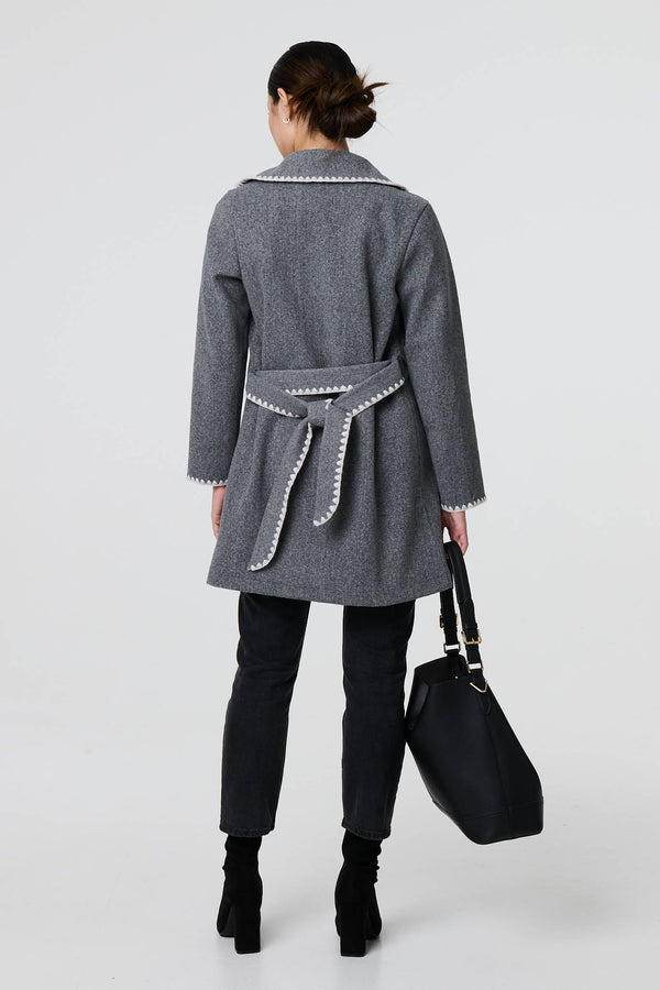 Grey | Blanket Stitch Coat with Belt