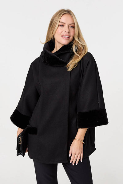 Faux Fur Trim 3/4 Sleeve Cape Coat | Izabel London