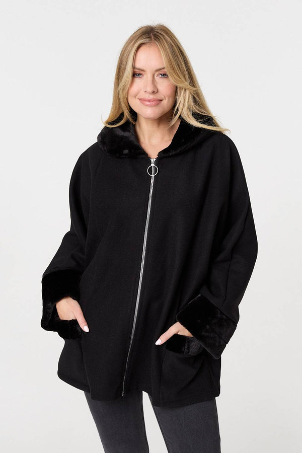 Black | Faux Fur Trim Zip-Up Relaxed Jacket