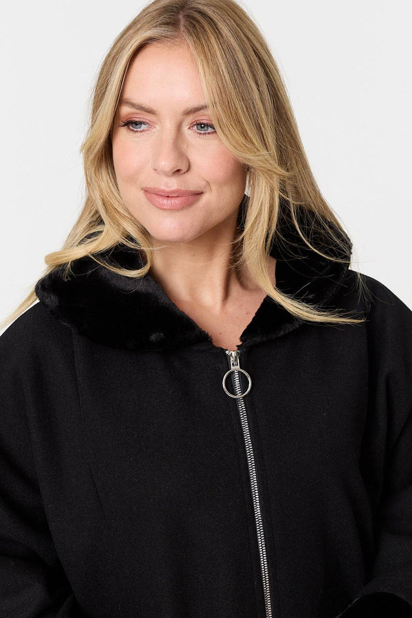 Black | Faux Fur Trim Zip-Up Relaxed Jacket