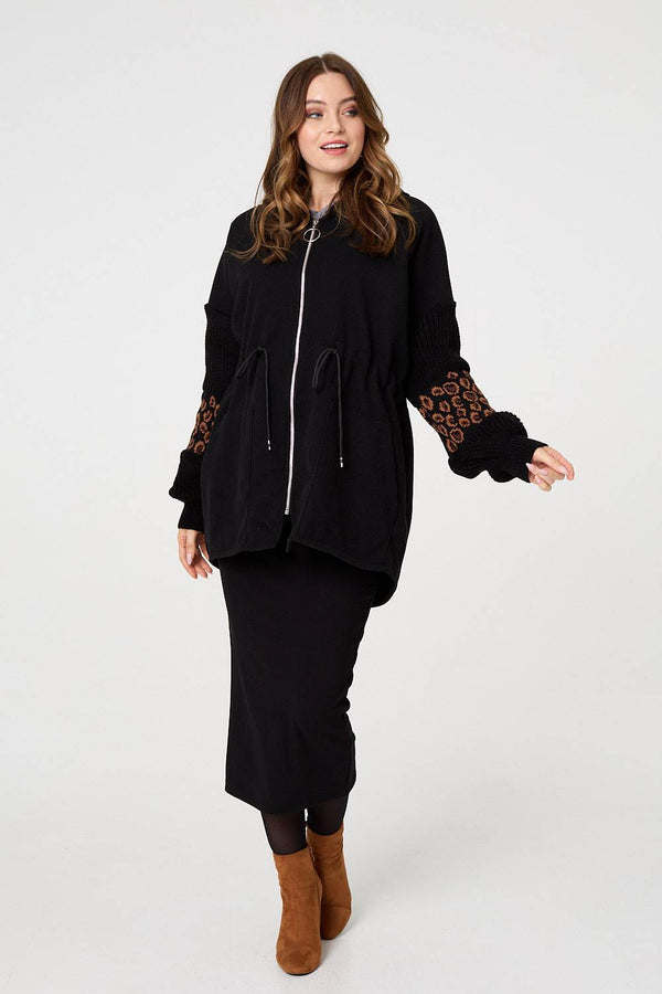 Black | Animal Print Zip Front Relaxed Hoodie