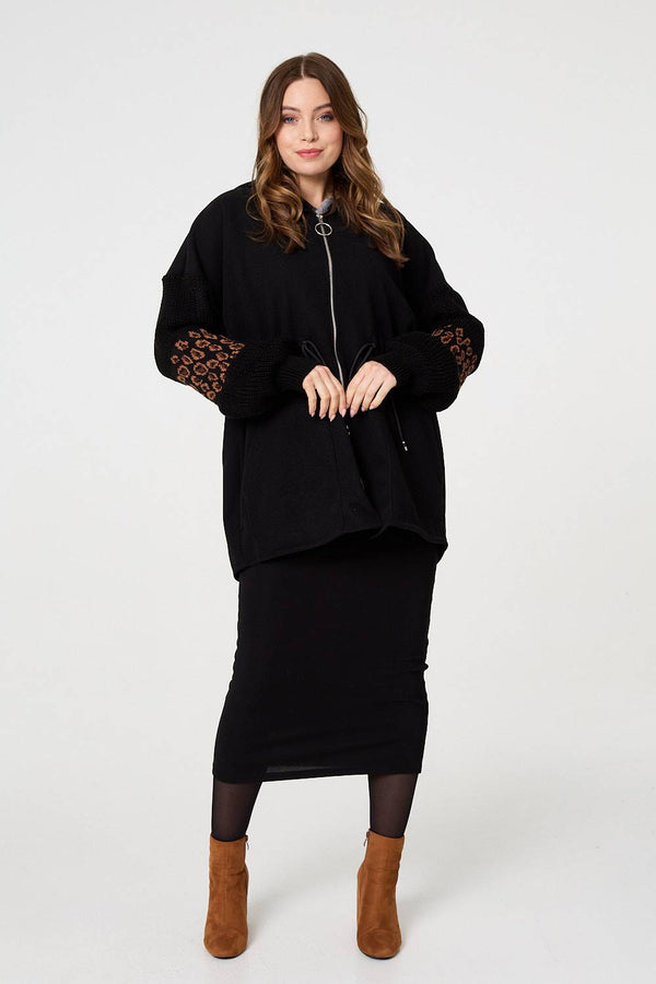 Black | Animal Print Zip Front Relaxed Hoodie