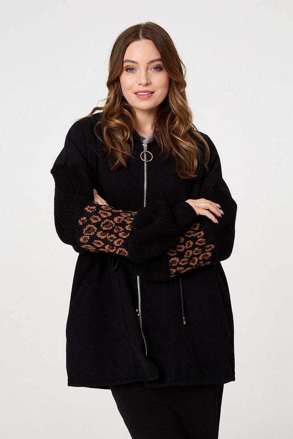 Black | Animal Print Zip Front Relaxed Hoodie