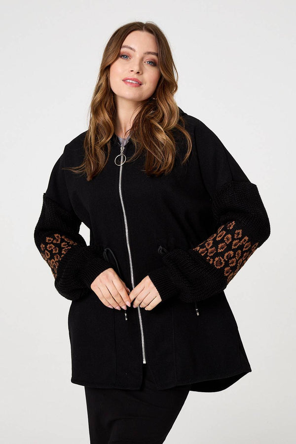 Black | Animal Print Zip Front Relaxed Hoodie