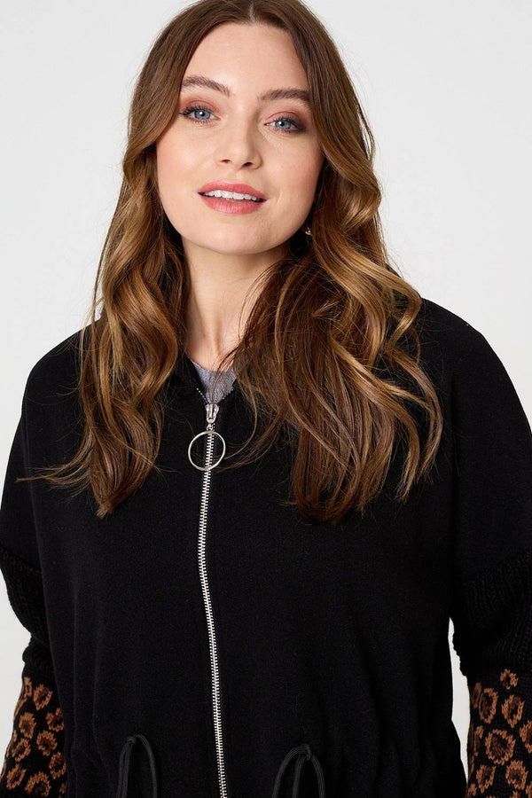 Black | Animal Print Zip Front Relaxed Hoodie