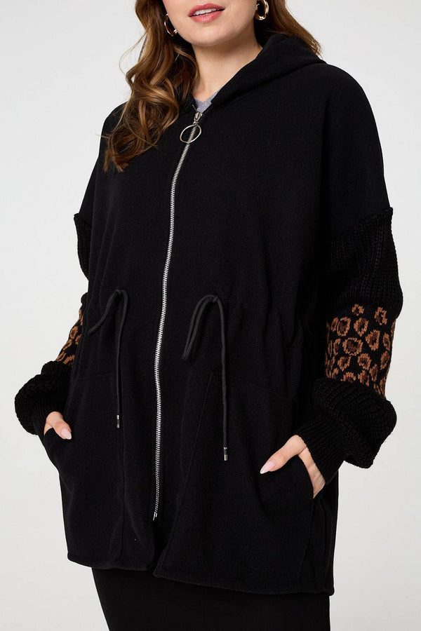 Black | Animal Print Zip Front Relaxed Hoodie