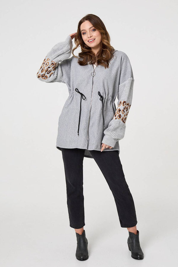 Grey | Animal Print Zip Front Relaxed Hoodie