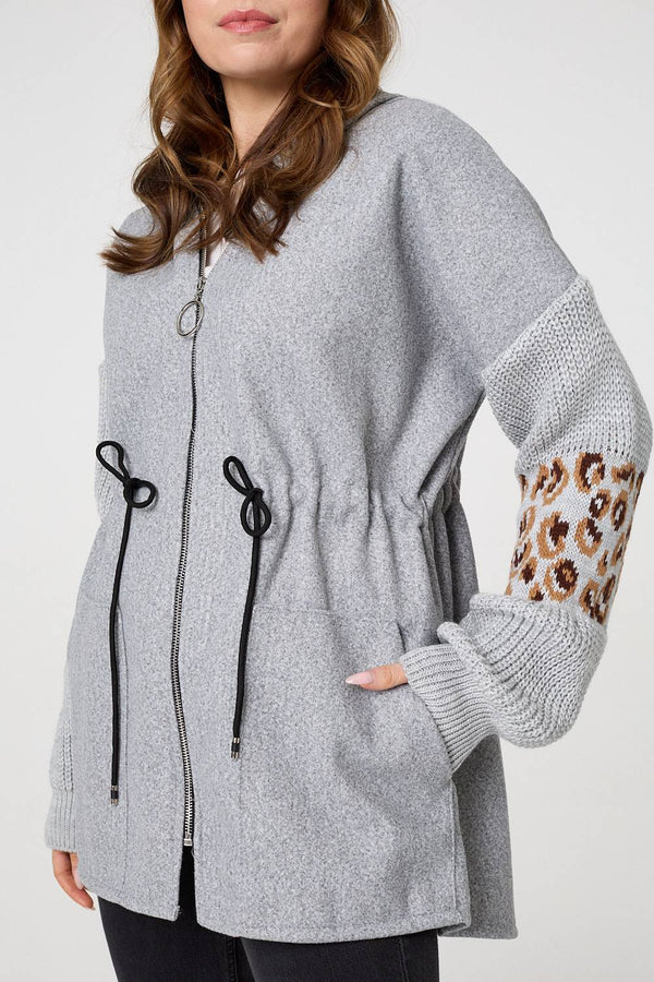 Grey | Animal Print Zip Front Relaxed Hoodie