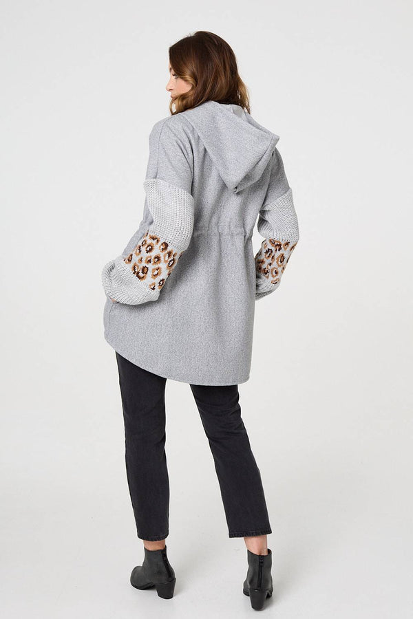 Grey | Animal Print Zip Front Relaxed Hoodie