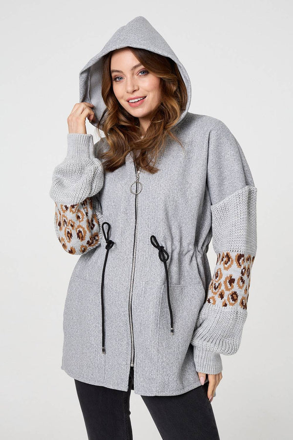 Grey | Animal Print Zip Front Relaxed Hoodie
