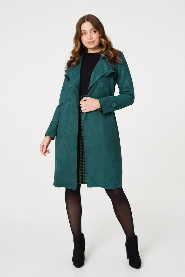 Green | Faux Suede Button Front Trench Coat