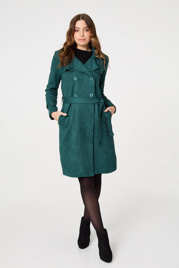 Green | Faux Suede Button Front Trench Coat
