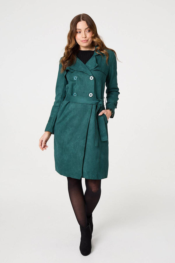 Green | Faux Suede Button Front Trench Coat