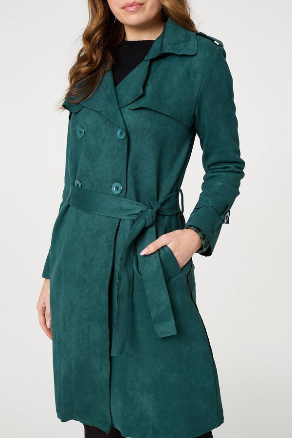 Green | Faux Suede Button Front Trench Coat