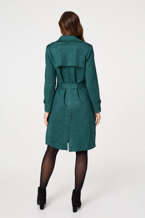 Green | Faux Suede Button Front Trench Coat