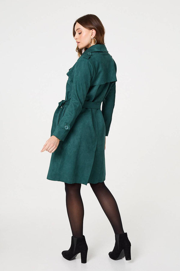 Green | Faux Suede Button Front Trench Coat