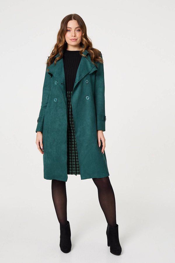 Green | Faux Suede Button Front Trench Coat