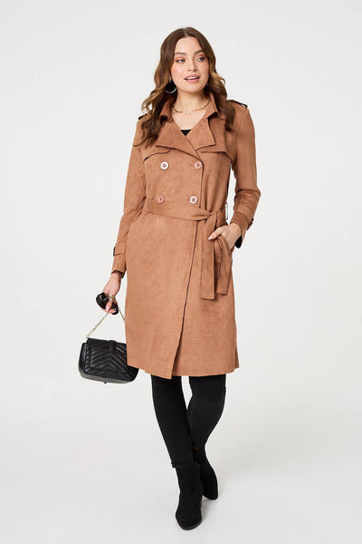 Faux Suede Button Front Trench Coat Izabel London