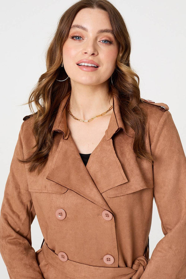 Tan | Faux Suede Button Front Trench Coat