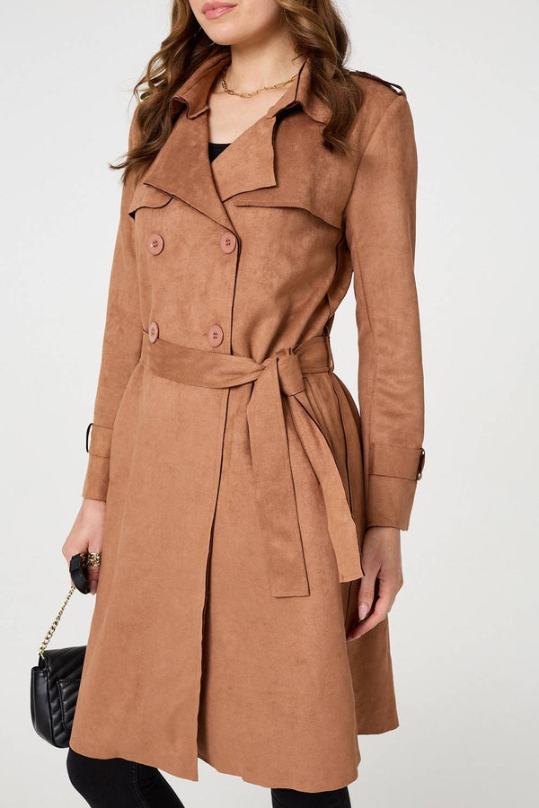 Tan | Faux Suede Button Front Trench Coat