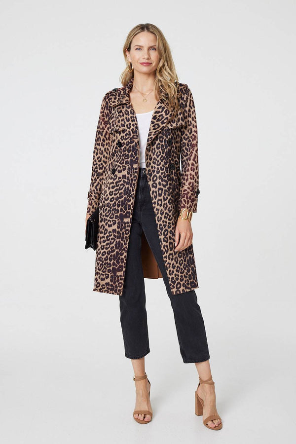 Beige | Leopard Print Double Breasted Trench Coat : Model is 5'10"/178 cm and wears UK10/EU38/US6/AUS10