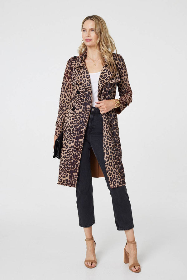 Beige | Leopard Print Double Breasted Trench Coat