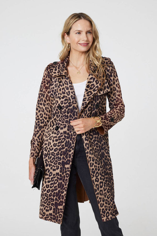 Beige | Leopard Print Double Breasted Trench Coat
