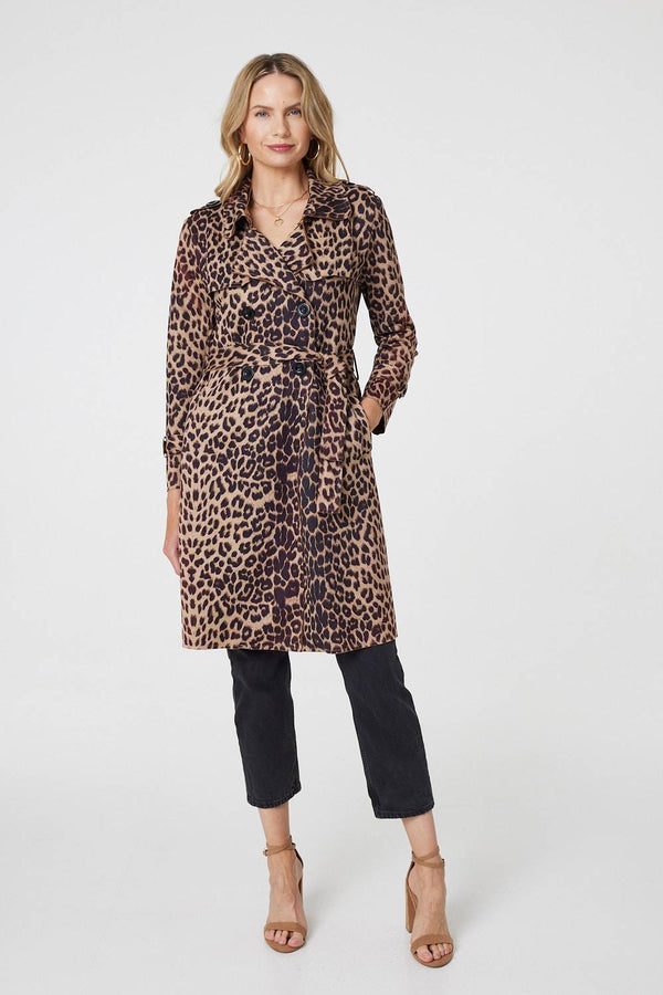 Beige | Leopard Print Double Breasted Trench Coat