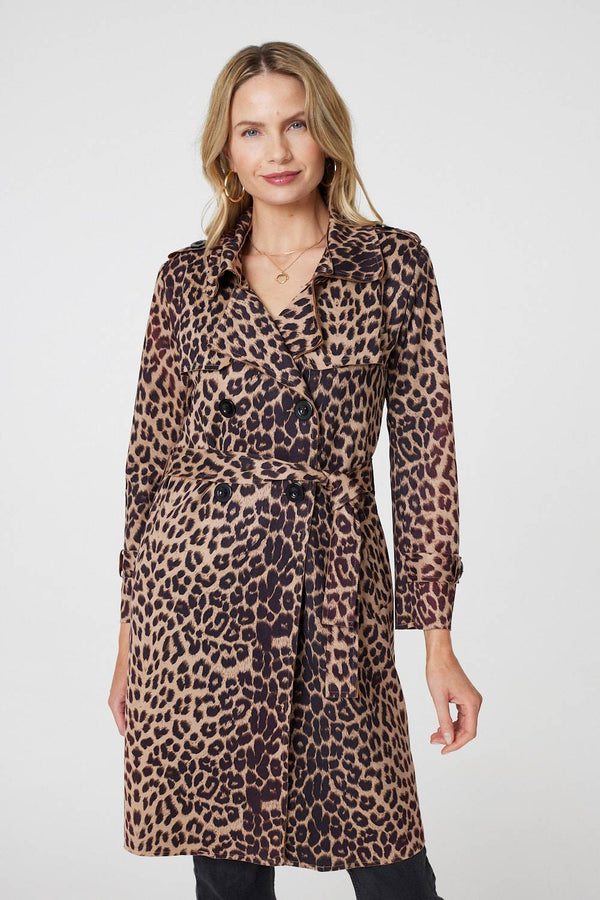 Beige | Leopard Print Double Breasted Trench Coat