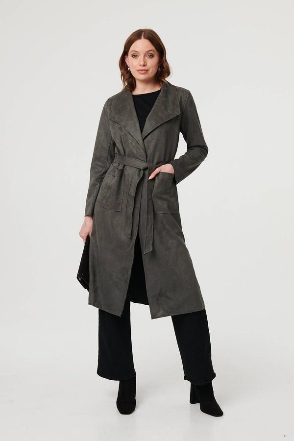 Olive | Suedette Tie Waist Longline Trench Coat