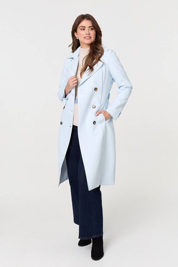 Light Blue | Slim Knee Length Tie Waist Trench Coat