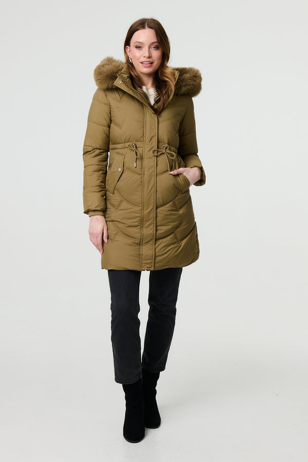 Tan | Faux Fur Hood Longline Puffer Jacket