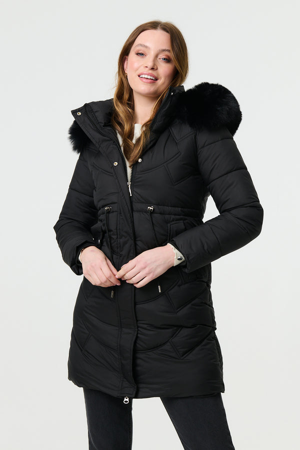 Black | Faux Fur Hood Longline Puffer Jacket