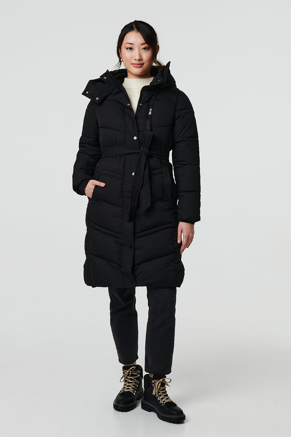 Black | Longline Padded Tie Waist Hooded Coat