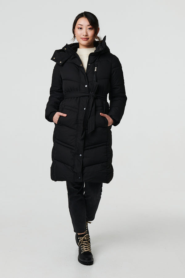 Black | Longline Padded Tie Waist Hooded Coat