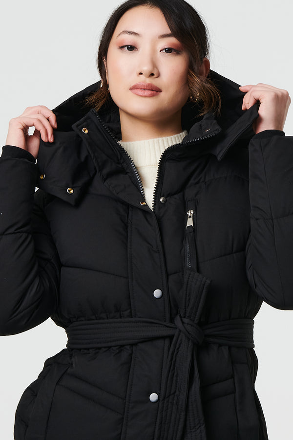 Black | Longline Padded Tie Waist Hooded Coat
