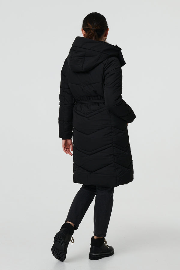Black | Longline Padded Tie Waist Hooded Coat
