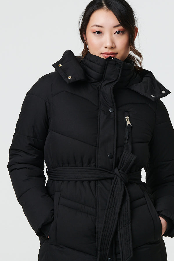 Black | Longline Padded Tie Waist Hooded Coat