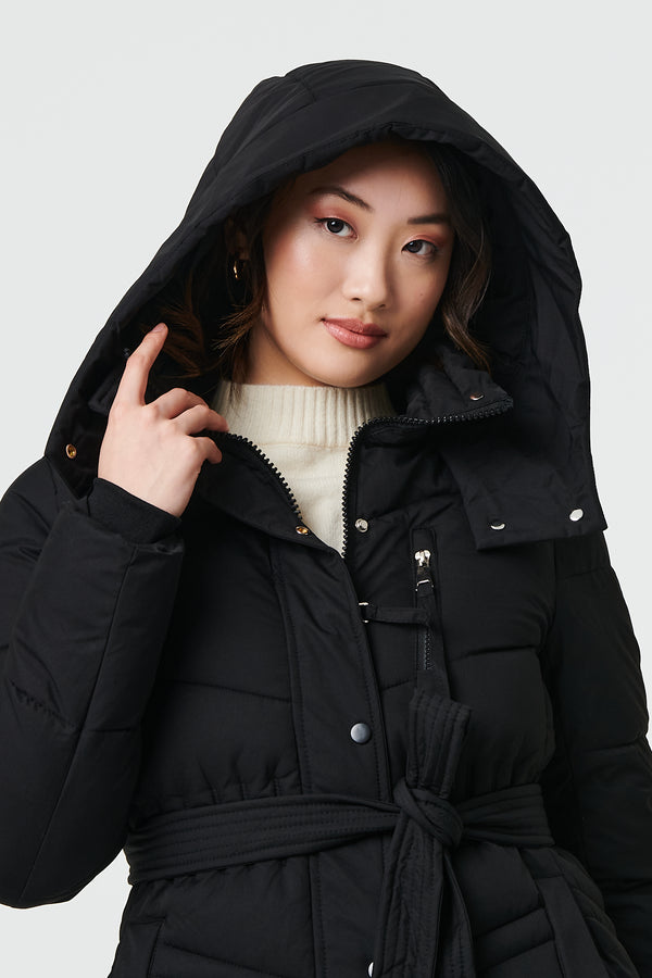 Black | Longline Padded Tie Waist Hooded Coat