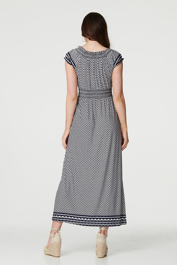 Navy | Geo Border Print Empire Maxi Dress